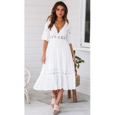 Fashion Sexy Deep V Neck White Dress For Women Elegant Hollow Short Sleeve Summer Lace Party Dress Office Lady 25069