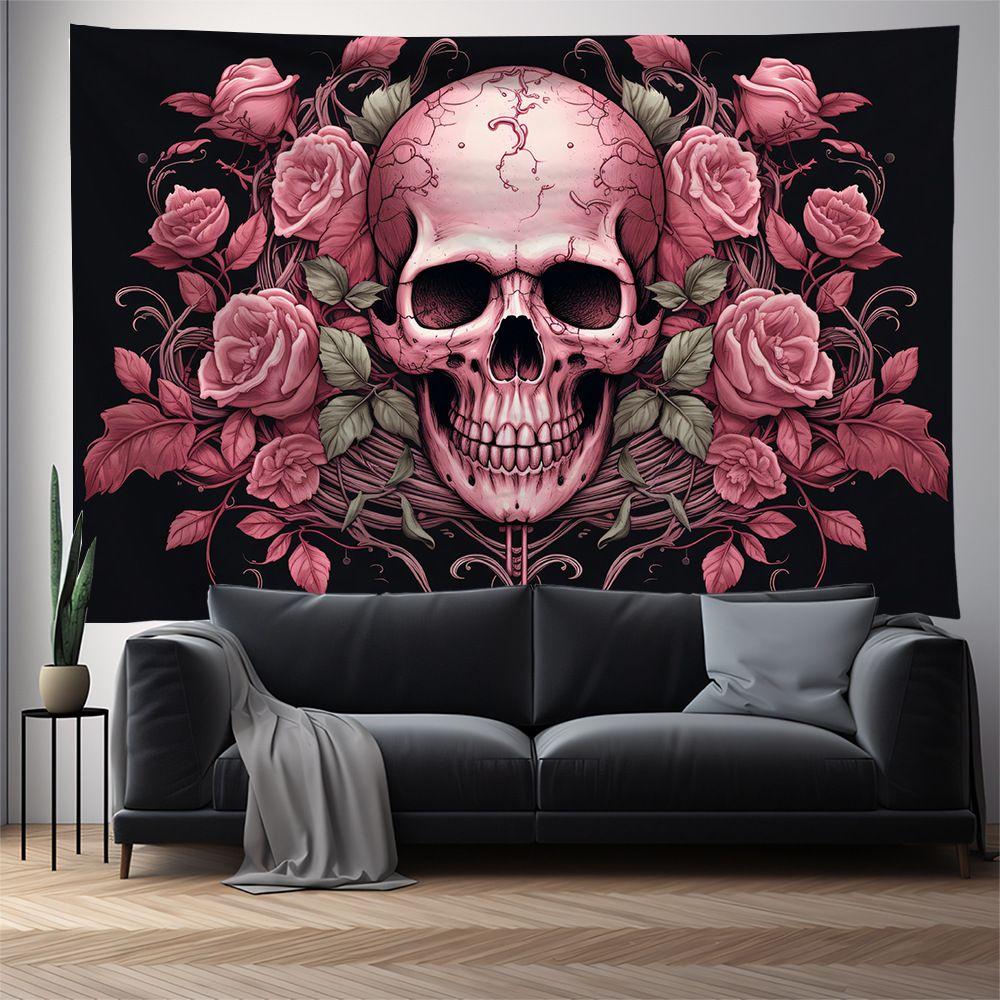 Pink Skull Tapestry, American Hippie Gothic Wall Art, Boho Aesthetic for Bedroom Living Room Decor