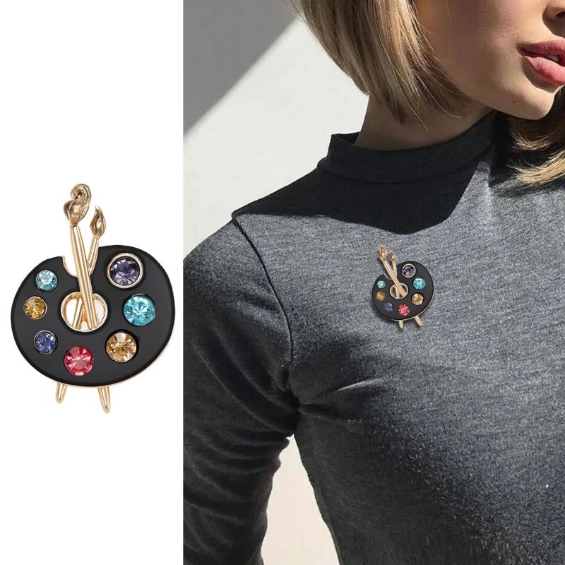 Enamel Rhinestones Art Palette Brooch Alloy Construction Lapel Pin Clothing Jewelry Accessory for Stylish Wear