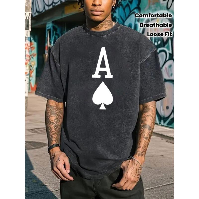 

European sizes Men S Vintage Washed T-Shirt with Ace of Spades Print Casual Loose Fit, Breathable and Comfortable Round Neck Tee Streetwear M чёрный
