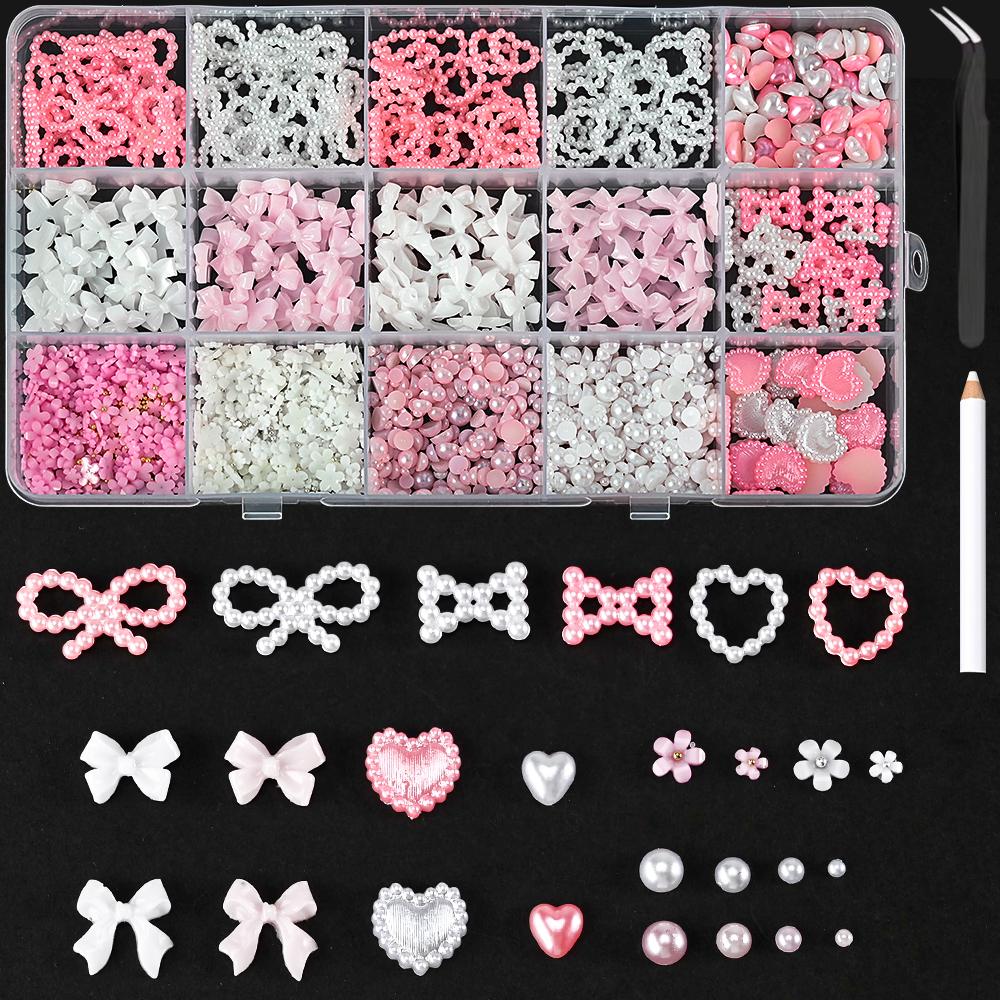 12Grids/Box Mixed Resin Bowknot Nail Charms 3D Colorful Bow Kawaii Rhinestone Nail Art Decorations DIY Manicure Parts Pen Tweeze