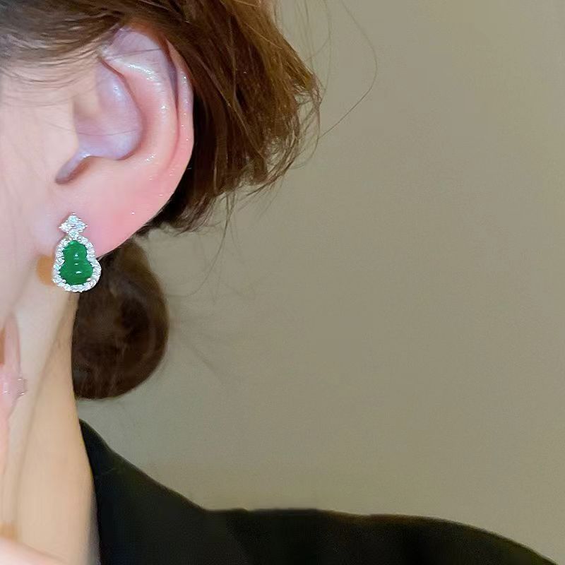 Vintage Chinese Style Green Gourd Zircon Inlaid Stud Earrings For Women
