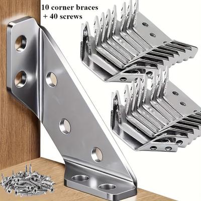 Set of 50 (10 Corner Braces + 40 Screws) Heavy Duty Metal Corner Braces with Screws - 90 ° Angle Support for Furniture and Wooden Frames