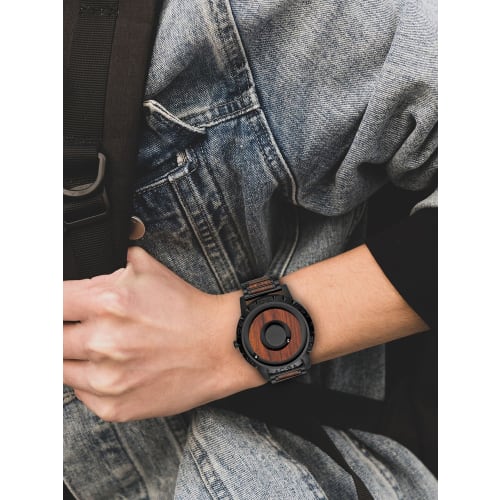 EUTOUR Men's Wooden Magnetic Watch with Ball Bearing Design, Minimalist Casual Quartz Movement, 40mm, Black Dial, Wooden Band