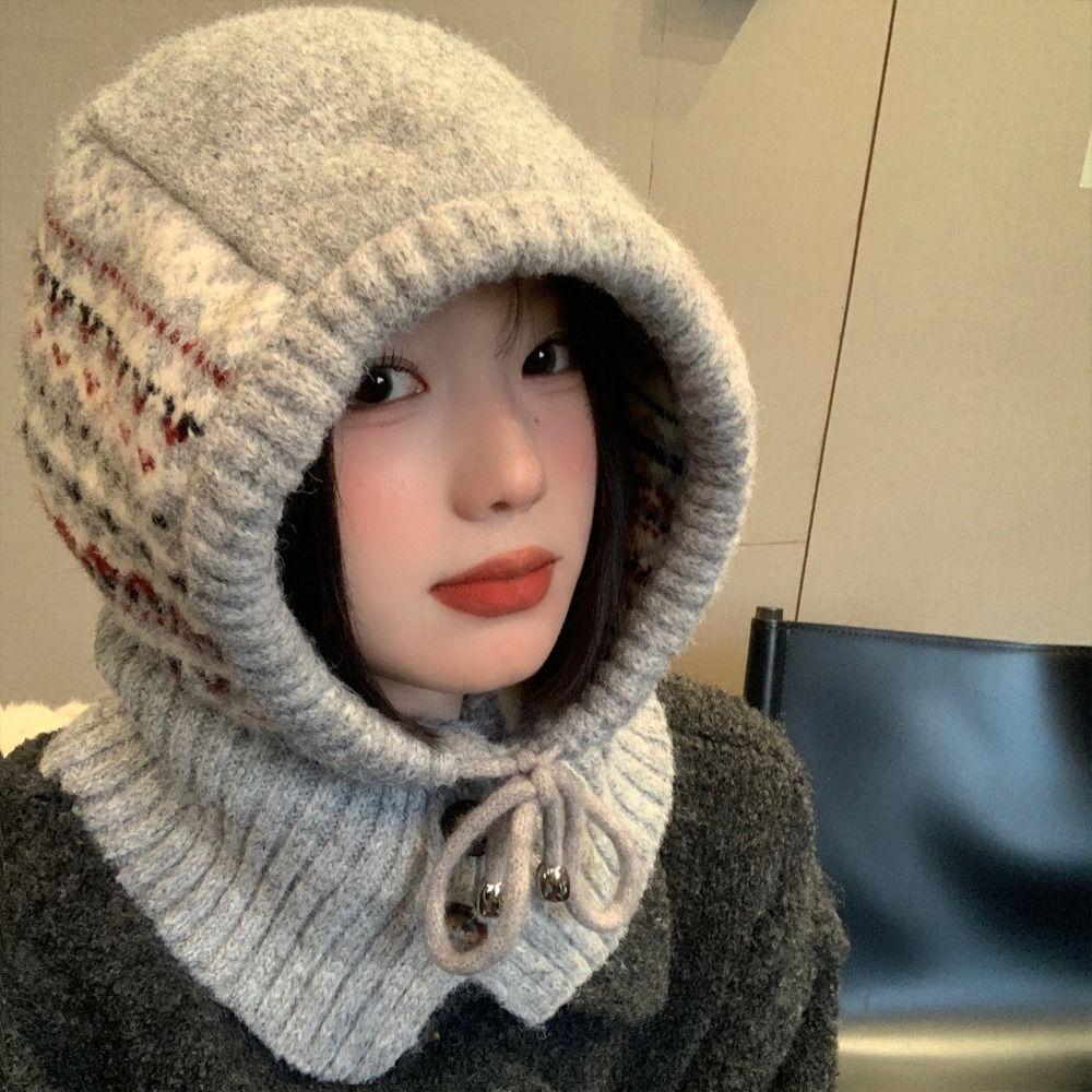 Pullover Hat Jacquard Balaclava Hat Printed Winter Cap Fashion Fair Isle Style Knitted Hat  Outdoor