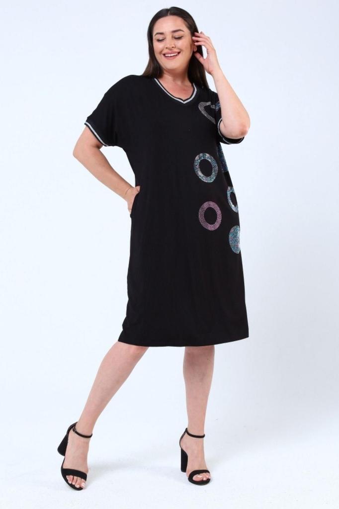 Damen Übergröße Kleid Plus Size Ringmuster Strass Schwarz