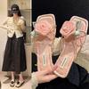 French Rose Slippers Women's Summer Wear New Chinese Style Satin Jacquard One-word Beach Shoes