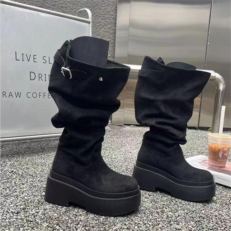 Fashion Women's Fashion Thick Heels Knee High Boots Khaki Flock Slip On Western Boots Woman Spring Autumn Soft Leather Short Botas Mujer