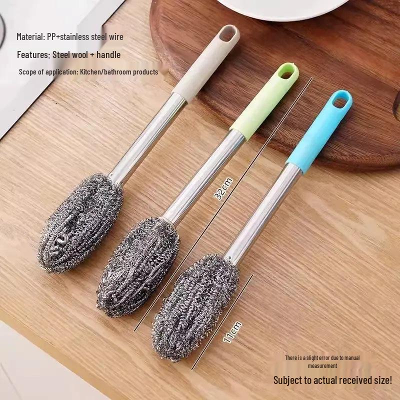 Long-Handle Rustproof Steel Wool Brush - Gentle On Hands, Ideal for Cleaning Pots, Bottles, Cans, Bowls, and Stovetops Without Shedding Residue
