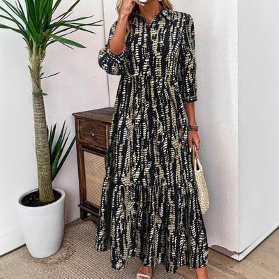 Women's Printed Waist Dress Polo Collar Long Sleeve Button Dress