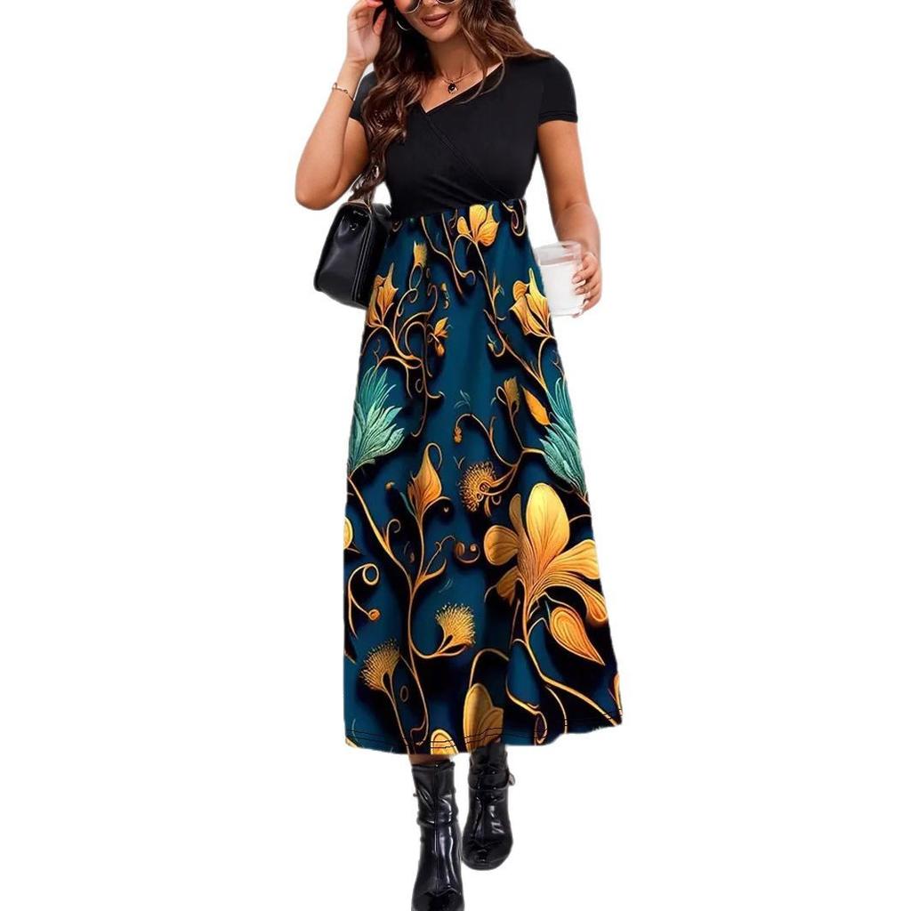 Women's Summer Dress with Short Sleeves Round Neck Print Elegant Long Dress
