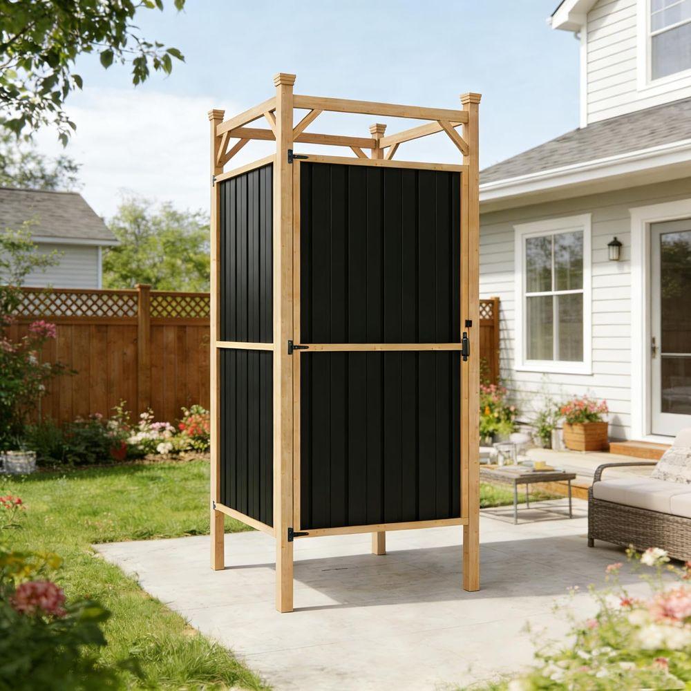 Secure Outdoor Shower Enclosure with Metal Panels, Hooks, and Shelves - Ideal for Pool and Beach Rinsing, Compact Design