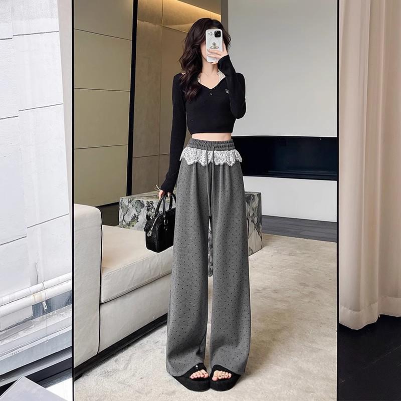 

Женские повседневные брюки 2025 года с кружевной вставкой, завязками, эластичной талией, спортивного свободного кроя Medium