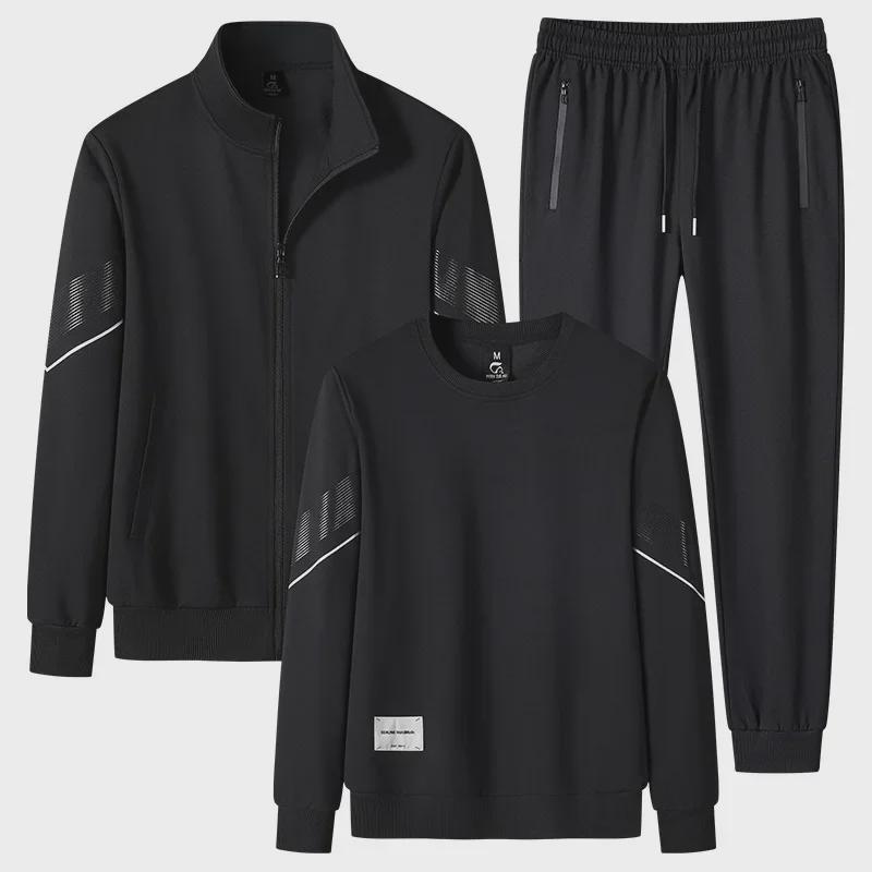 Herren Großer Lässiger Sportanzug: Frühlings-/Herbst-Dreiteiler mit Strickjacke, Stehkragen, langen Ärmeln und Pullover.