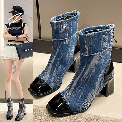 Zapatos de Mujer de Alta Calidad 2024 Botas de Mujer con Cremallera Otoño Punta Cuadrada Colores Mezclados Botas Desnudas Tacón Medio Zapatillas De Mujer