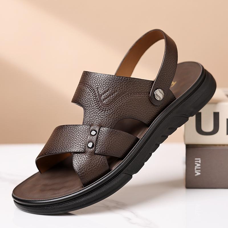 

Summer men s sandals first layer cowhide comfortable medium non-slip bottom slippers dual-purpose sandals 44 коричневий