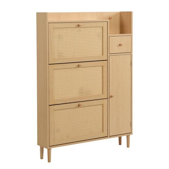 Free Standing Shoe Cabinet with 3 Tilt Doors 1 Drawer Wood Handles Solid Legs Space Saving No Burrs Small Closed Style Shoe Organizer Furniture