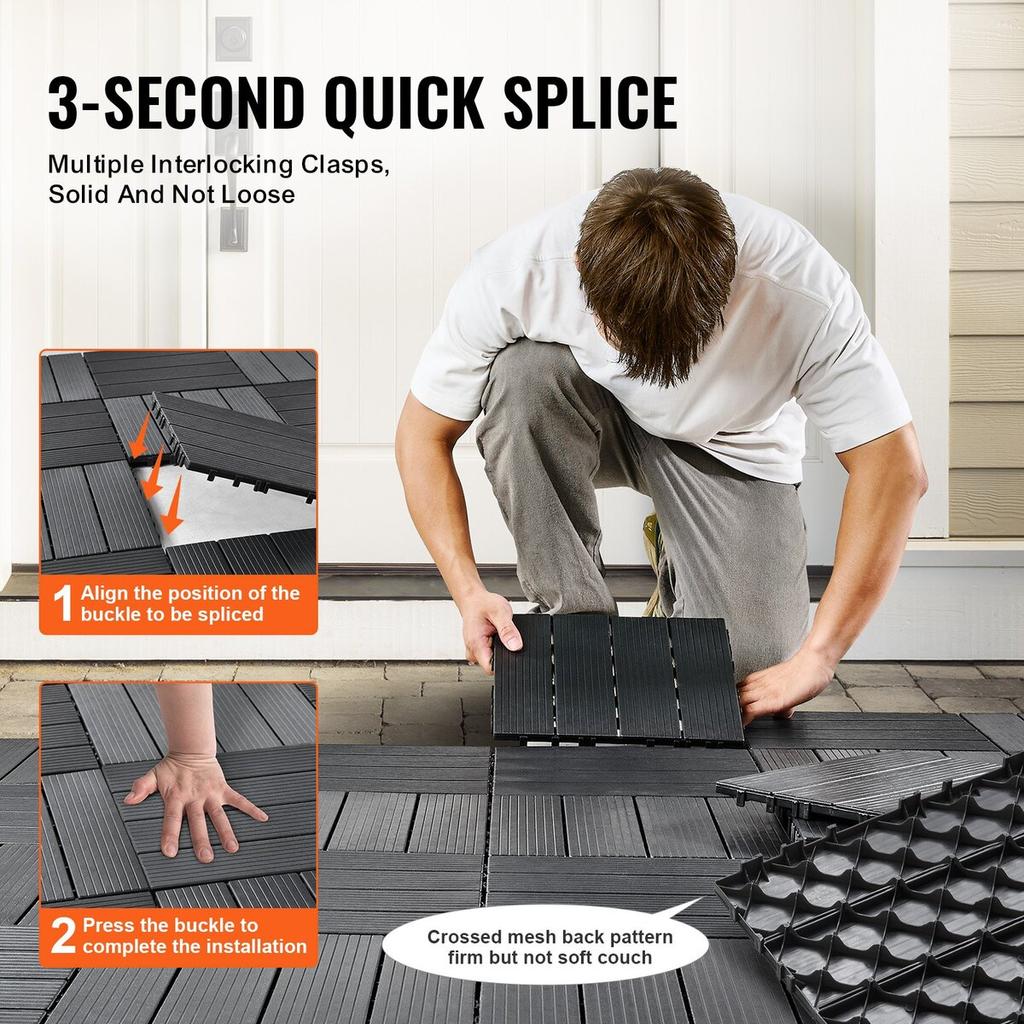 Interlocking Deck Tiles 54 Pack 12"x12" Plastic for Porch Dark Grey
