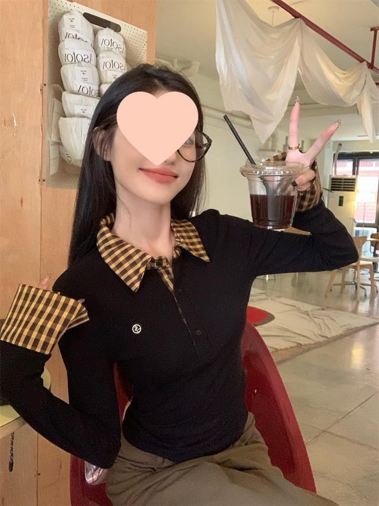 Kariertes Polo-Kragen Spleiß-Faux-Zweiteiler Langarm Slim Fit Gestricktes Damen-T-Shirt für Frühling und Herbst