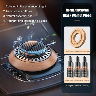 Aromathérapie Voiture Bois Massif Solaire Rotatif Avec Lumière Parfum Voiture Désodorisant Bois Accessoires Voiture
