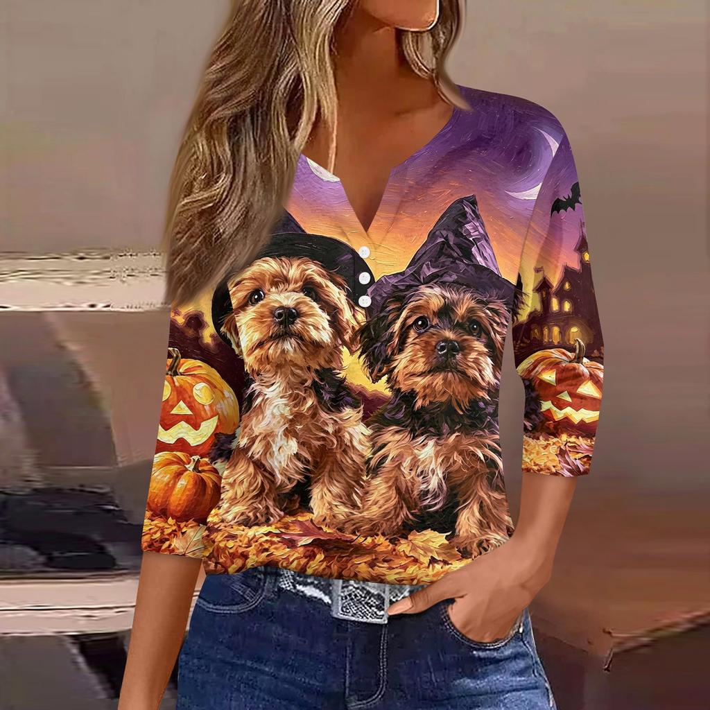 Women's Casual Halloween Print V-Neck Button Three-Quarter Sleeve Pullover T-Shirt