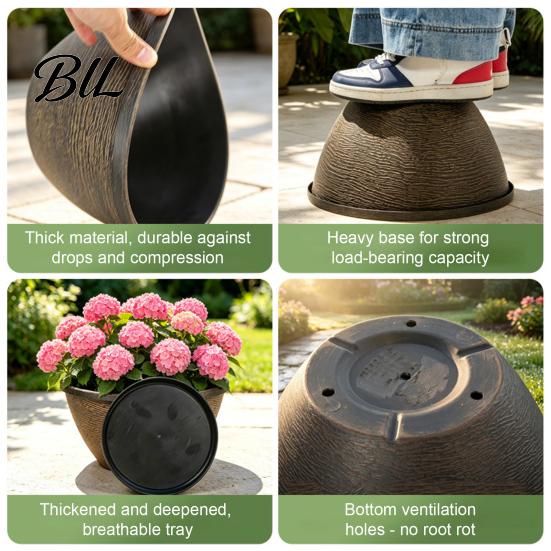 Thickened Weighted Planting Container Resin Flower Planters, Vintage Plant Pot with Drainage Hole & Saucer, Lightweight Planter for Home Decor Indoor