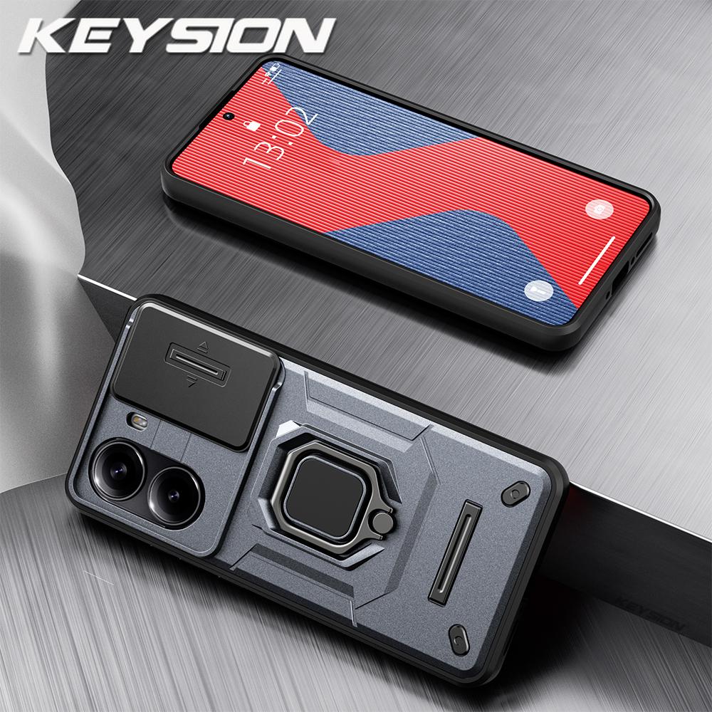 KEYSION Shockproof Armor Case for Xiaomi POCO X7 Pro Slide Camera Lens Protection Ring Stand Phone Back Cover for Redmi Turbo 4