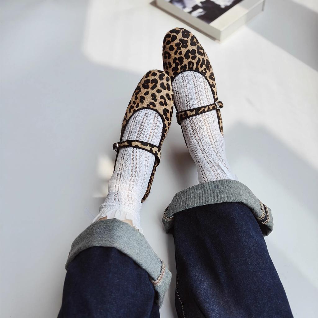 French retro fashion leopard print suede flat-soled single shoes 2025 new niche design round head low heel Mary Jane female