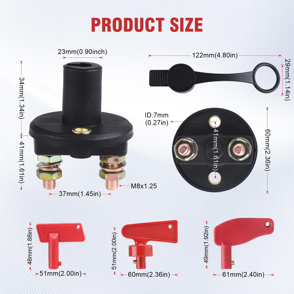 On-Off 2 Position Battery Disconnect Switch with 2 Keys 12V 24V Battery Kill Switch Isolator For Marine Boat RV ATV UTV