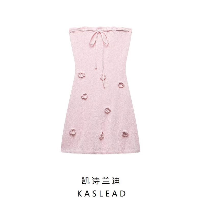 Kaslead New Arrival Women's Clothing Fashion Style Fashion Three-Dimensional Flower Chest Shoelace Knitting Tube Top Dress