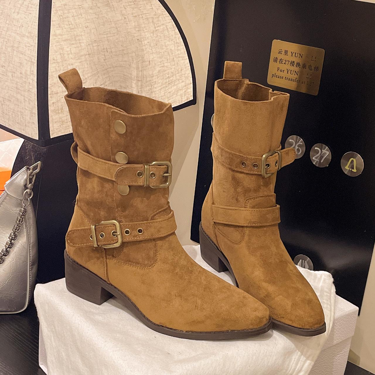 

[Фанфна] Французские ботильоны на толстом каблуке женские 2025 осень новые цвета Майяра средние сапоги-чулки ботинки Мартин 40 верблюд