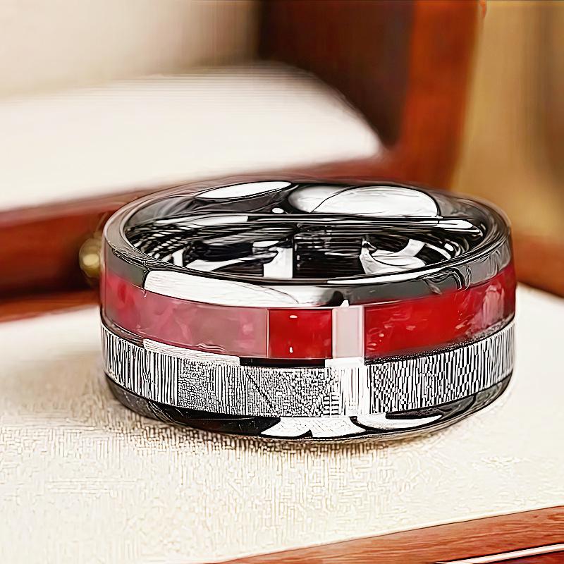 Two-Tone Stainless Steel Ring: Silver & Red Textured Minimalist Design