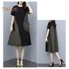 Women Midi Dress Round Neck Short Sleeve Loose Fit Summer Dress with Pockets Patchwork Color Lightweight Casual Dress
