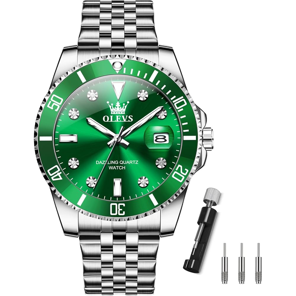 OLEVS Men s Quartz Analog Watch Waterproof Silver Stainless Steel Band Green Large Dial Business Fashion Watch