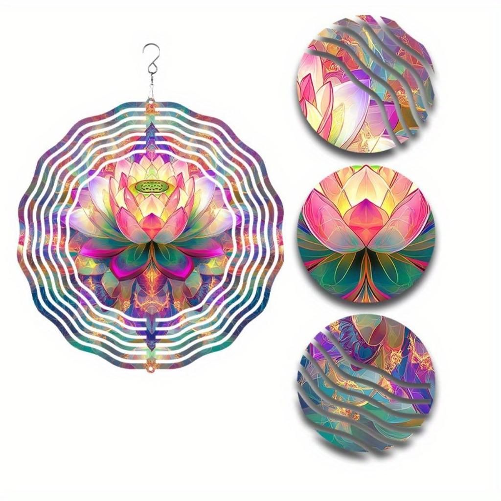 10-Inch Bohemian Style Metal Mandala Flower Wind Chime - Vibrant Double-Sided Print, Battery-Free with Hook, Ideal for Garden & Patio Decor