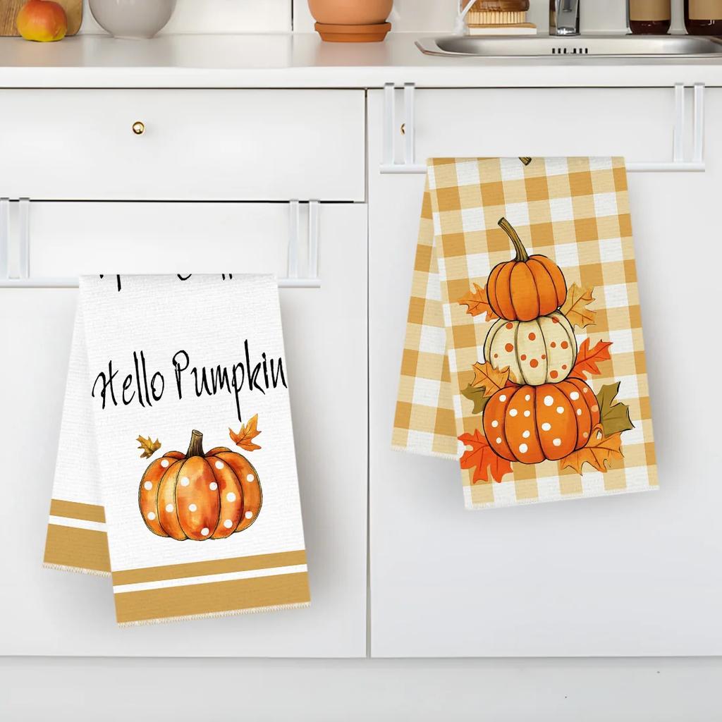 2pcs/set Kitchen Towels 40x60cmAutumn Pumpkin PlaidHand Towels Christmas Decorations for Home Noel Dish Towels Gifts