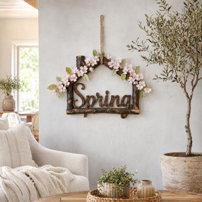 House Plate, Handmade Rustic Wall Door Sign, with Seasonal Flowers And Hemp Rope Lanyard, for Holiday Decoration