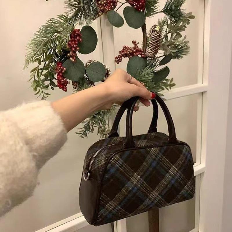 New Korean Vintage Plaid Bowling Bag Winter Versatile Handheld Crossbody Shoulder Bag