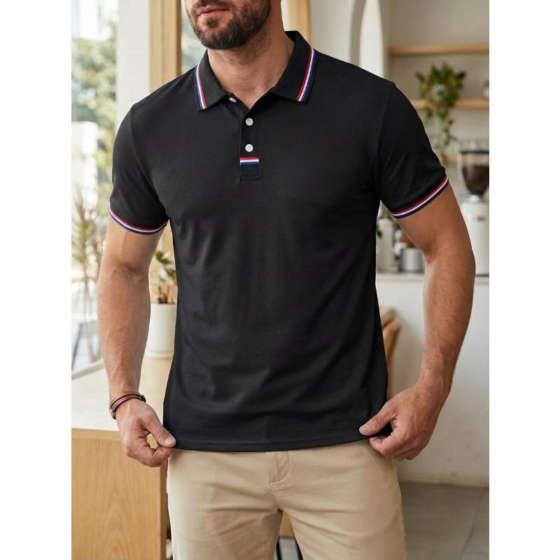 New men s casual polo shirt with a turn-down collar, placket, drawstring and buttons; a versatile, plain-coloured business T-shirt S чёрный