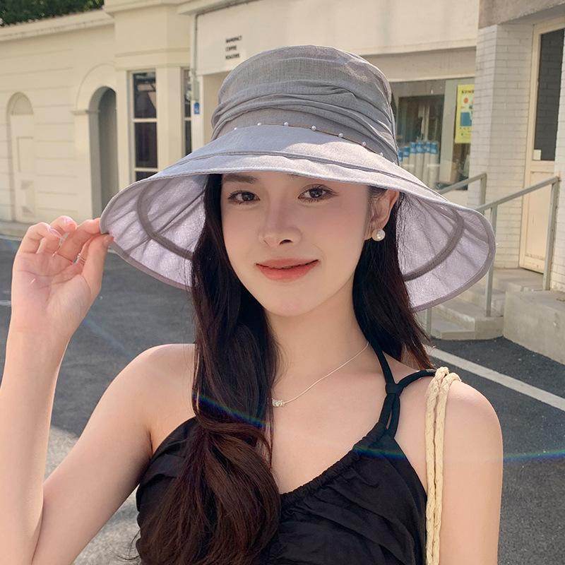 Korean Style Versatile Summer Pleated Sun Hat Pearl Chain Fisherman Hat Women Tulle Sun Hat Big Brim Trendy