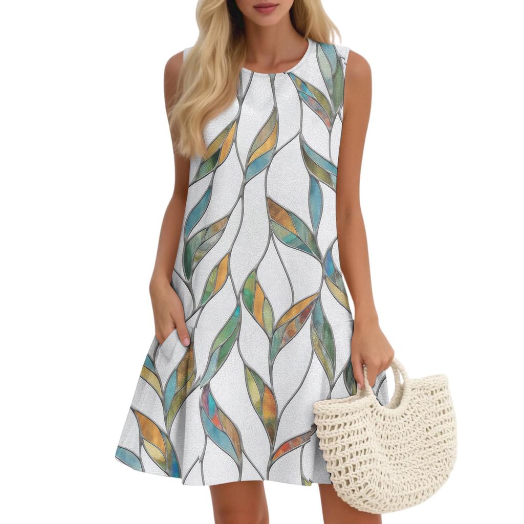 Women's Casual Fashion Breathable Round Neck Vest Floral Holiday Dress With Pockets