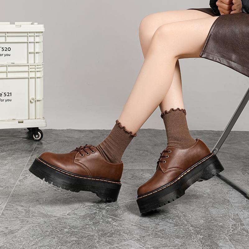 Thick-soled 3-hole small leather shoes women's low-top, brown British round head casual student muffin bottom short boots
