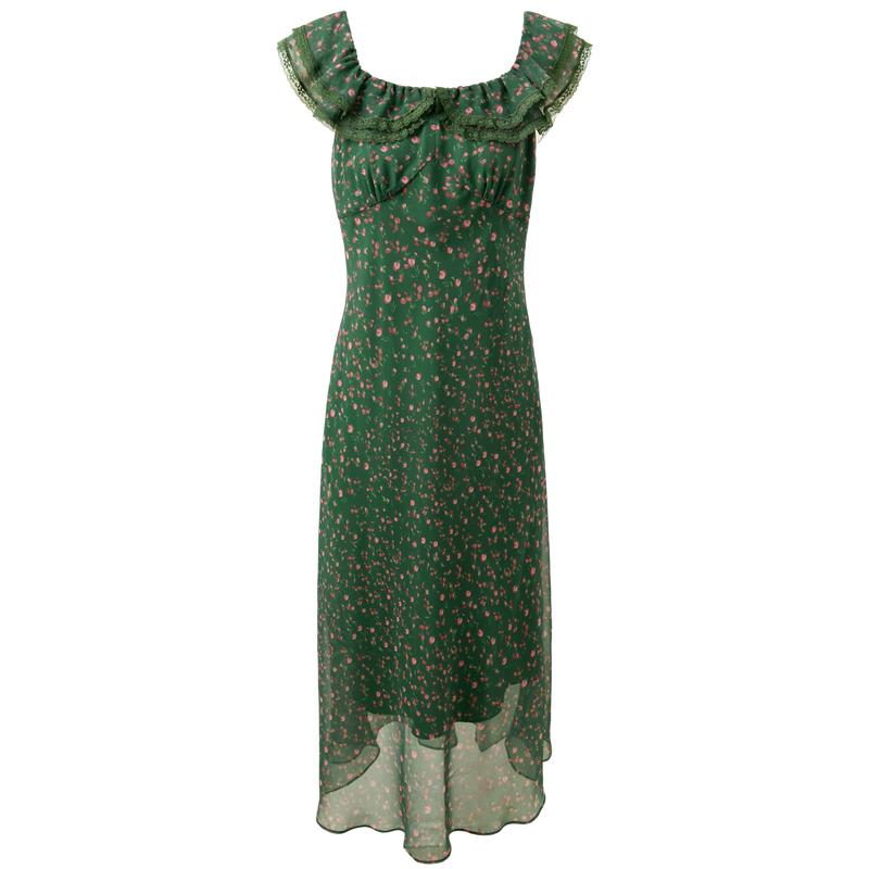 

Floral Ruffle Square Neck A-Line Chiffon Long Dress L