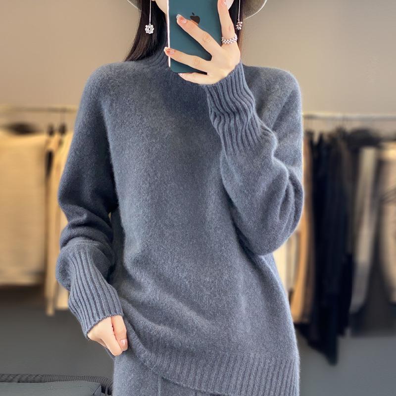 Women's 100% Wool Pullover Sweater, Half-High Neck, Thick Base Layer, New Autumn/Winter Style