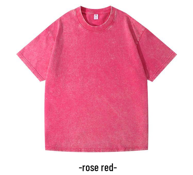 Unisex gewaschenes, distressed Rundhals-T-Shirt - 220g gekämmte Baumwolle, Retro lockere Passform, überschnittene Schultern, Sommer-Freizeit-Top