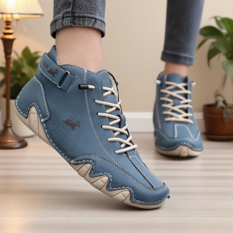 Fashio Women High Top Boots Breathable Handmade Leather Soft Flat Shoes Luxurious Brand Casual Durable Rubber Walking Loafers