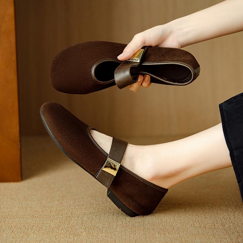 Fashion Women's new leather sheepskin round head metal belt buckle, low heel, large size, soft and comfortable Mary Jane single shoe