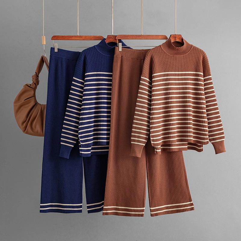 Set Autumn and winter new striped slit long-sleeved knitted sweater wide-leg pants two-piece set for women