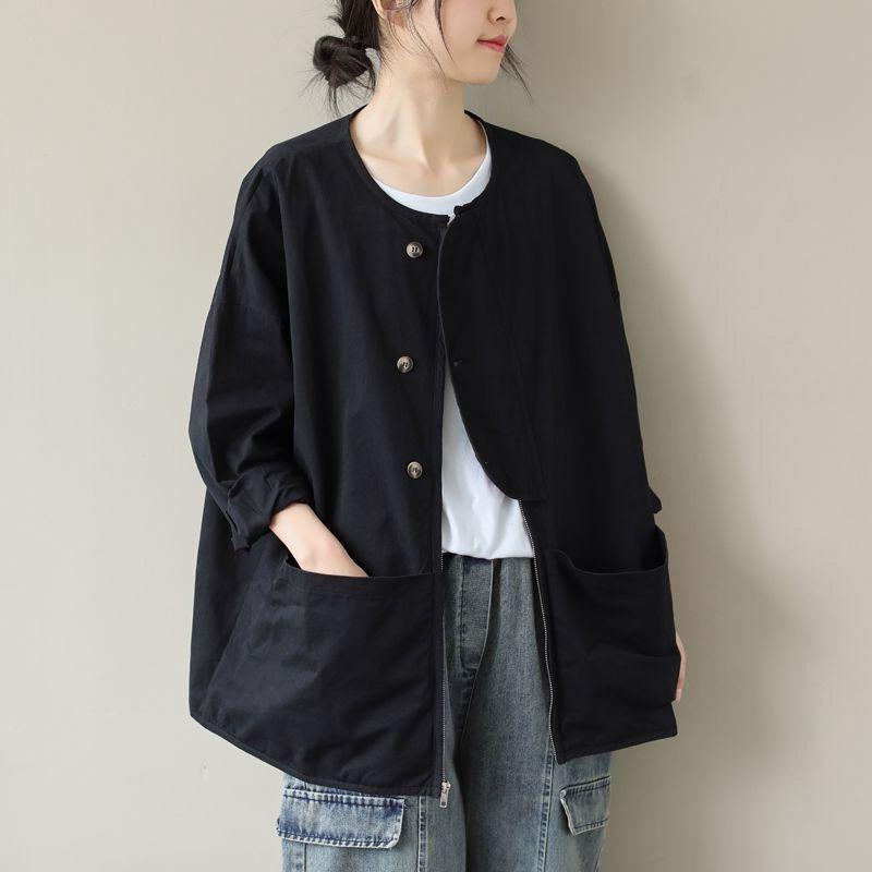 

Женская куртка большого размера весна-осень винтажная на молнии однотонная с круглым вырезом и большим карманом, пальто свободного кроя с длинным рукавом, повседневные короткие топы XXL чёрный