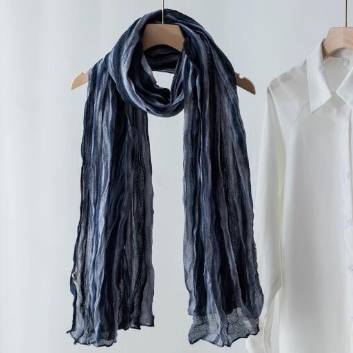 

Tie-dye Cotton Linen Hip Hop Punk Vintage Scarf Women Japanese Style Outdoor Multifunction Pleated Silk Scarf Shawl One Size темно-синього кольору